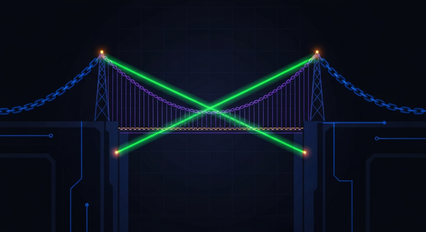 An abstract bridge of glowing light beams connecting two distant chain-link towers
