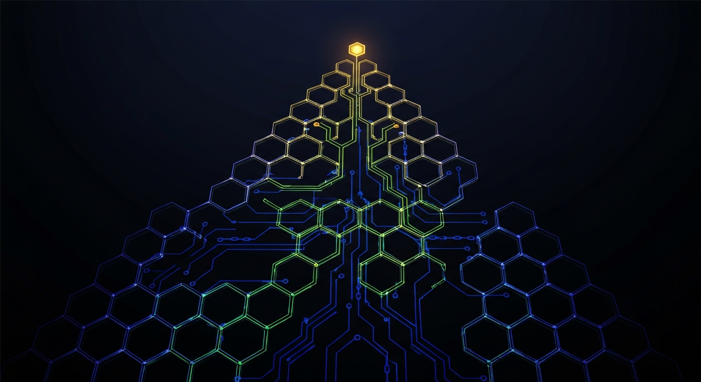 A lattice of interlocking hexagonal Merkle-tree nodes branching upward into a single glowing root